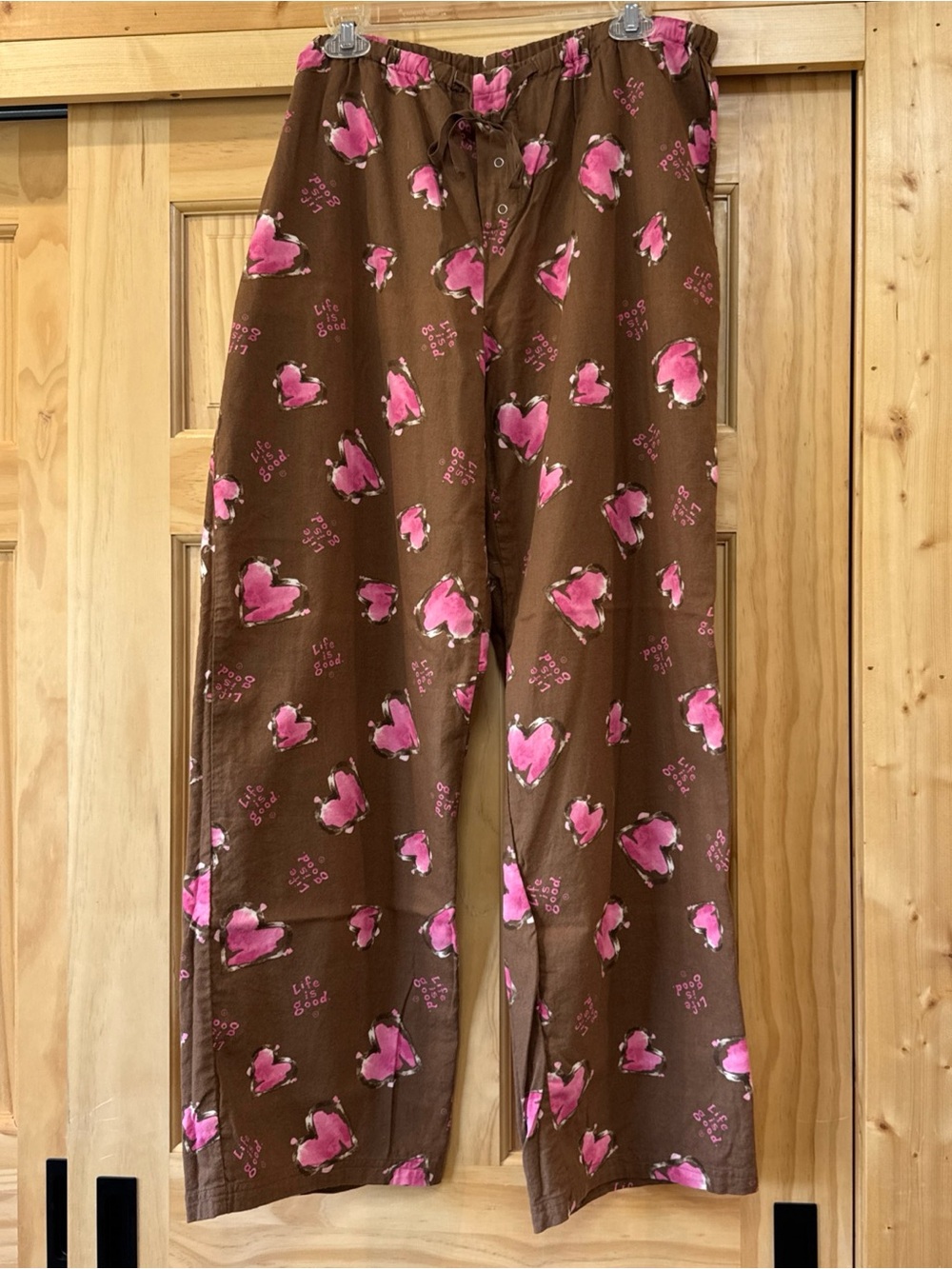 Life Is Good Brown Pajama Pants Loungewear W DrawString - Pink Hearts - Size XL
